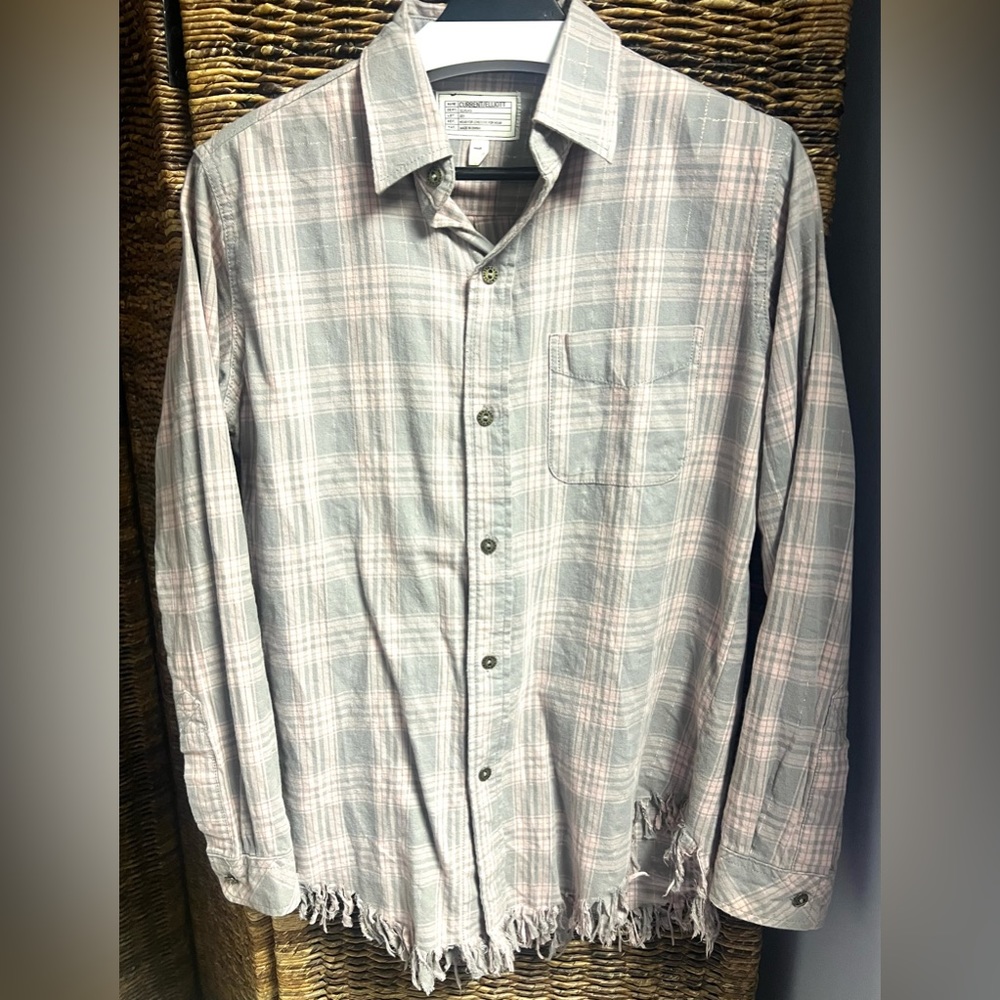 Current/Elliot- Pink/Grey/Silver stripe button up with frayed bottom